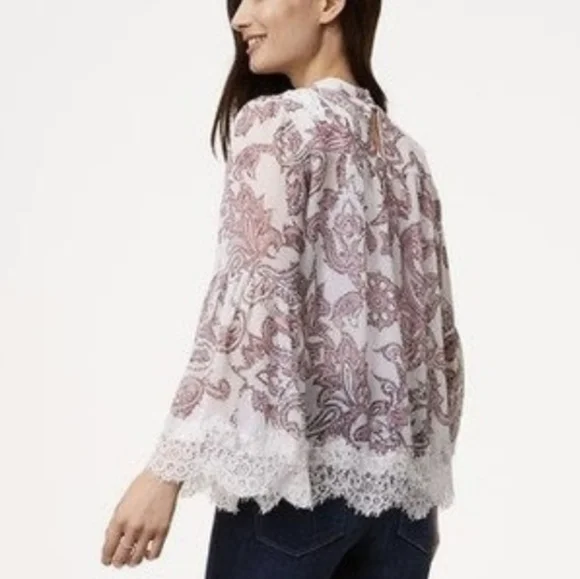 LOFT Paisley Lace Blouse - White and Pink LG *F - Picture 2 of 6